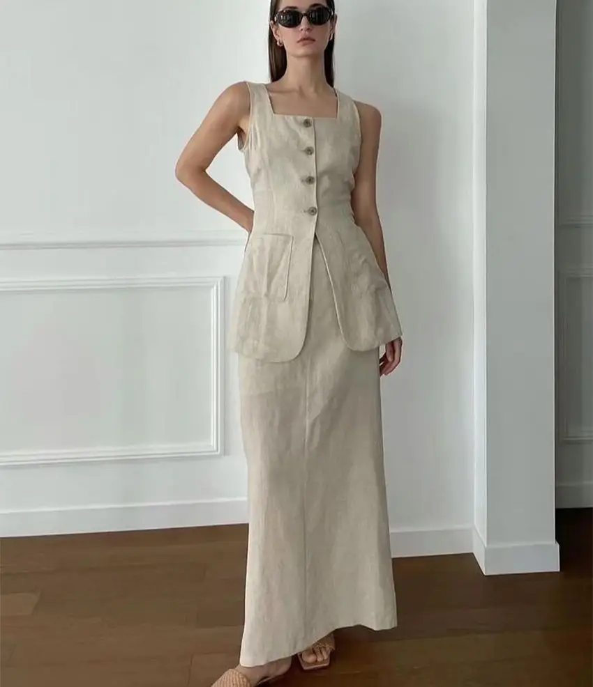 

WXOY Women 2 Piece Skirt Set Sleeveless Square Neck Elegant Cotton Button Down Vest Back Tie Office Casual Chic Outfit