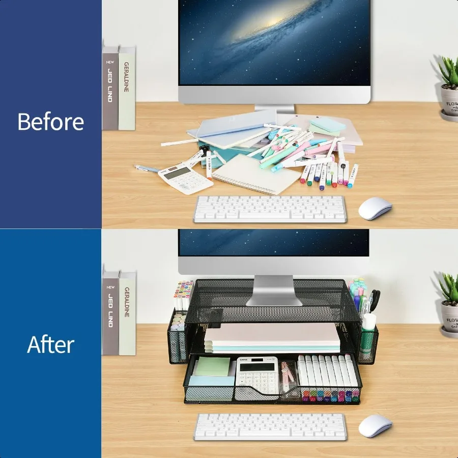 حامل شاشة كمبيوتر من طبقتين من AUPSEN مع درج وحامل قلم رصاص وحامل شاشة معدني ومنظم مكتب الكمبيوتر