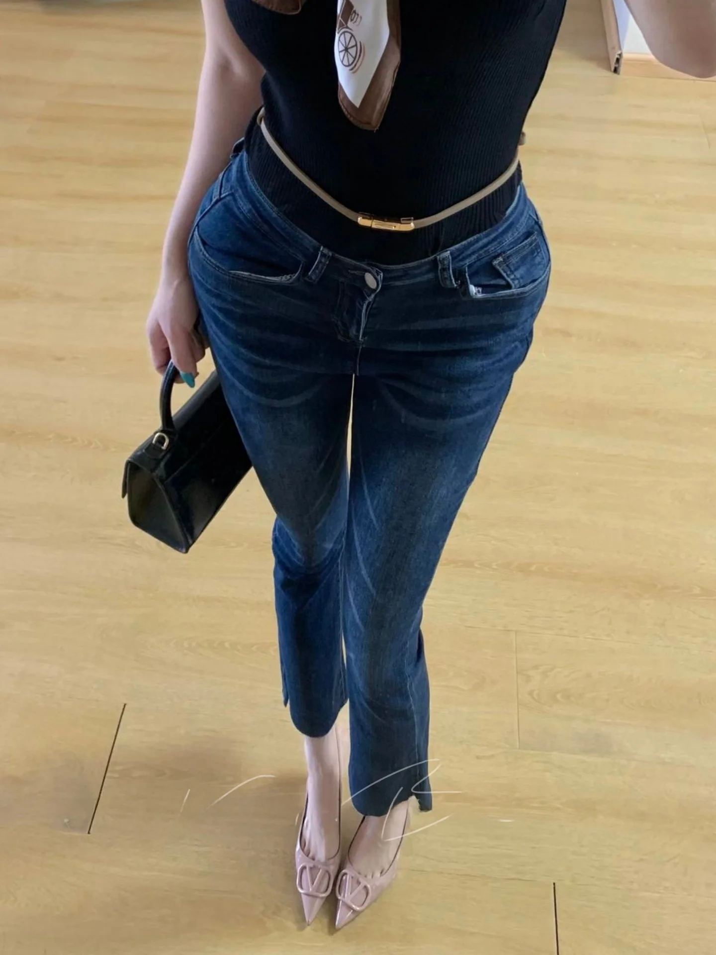 

Брюки с эффектом похудения, женские брюки из хлопкового эластичного денима с высокой талией, машинная вышивка, неровный подол, корейский стиль