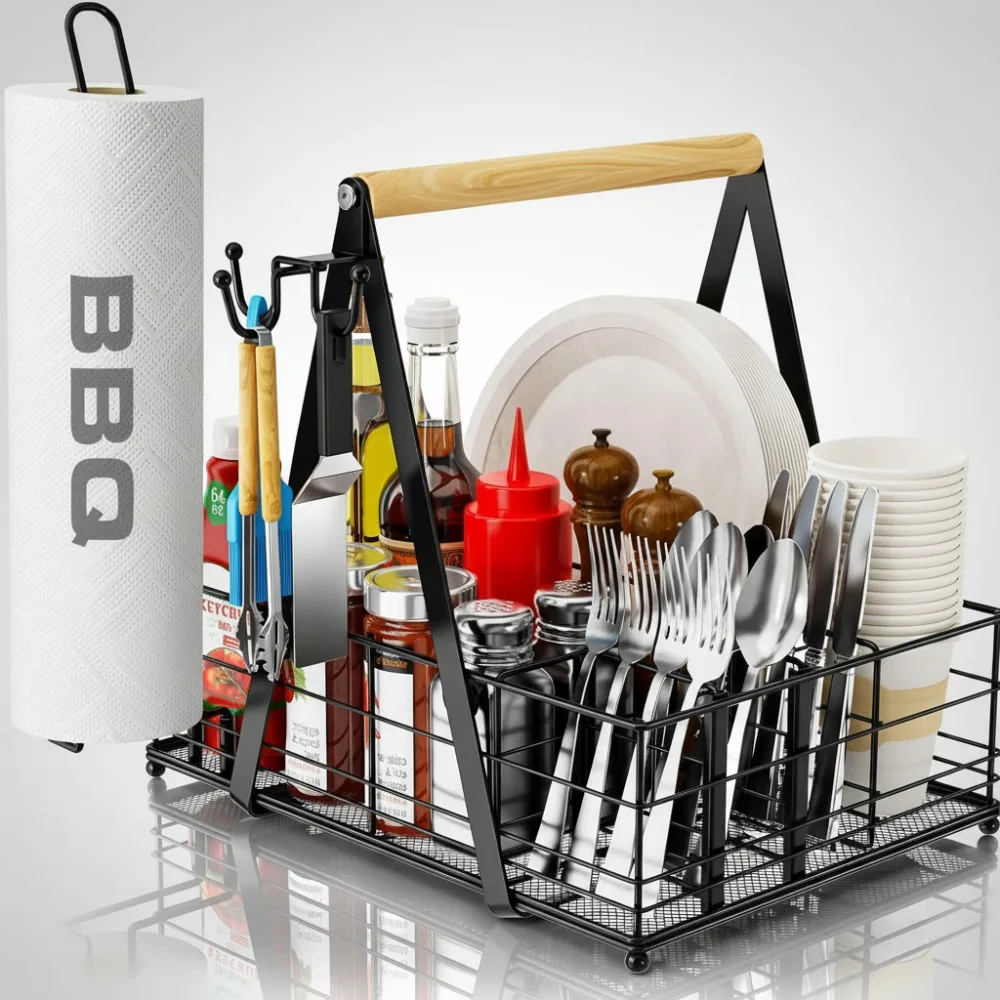 

Portable Grill Caddy with Paper Towel Holder, BBQ Condiment Organizer for Camping & Picnics
