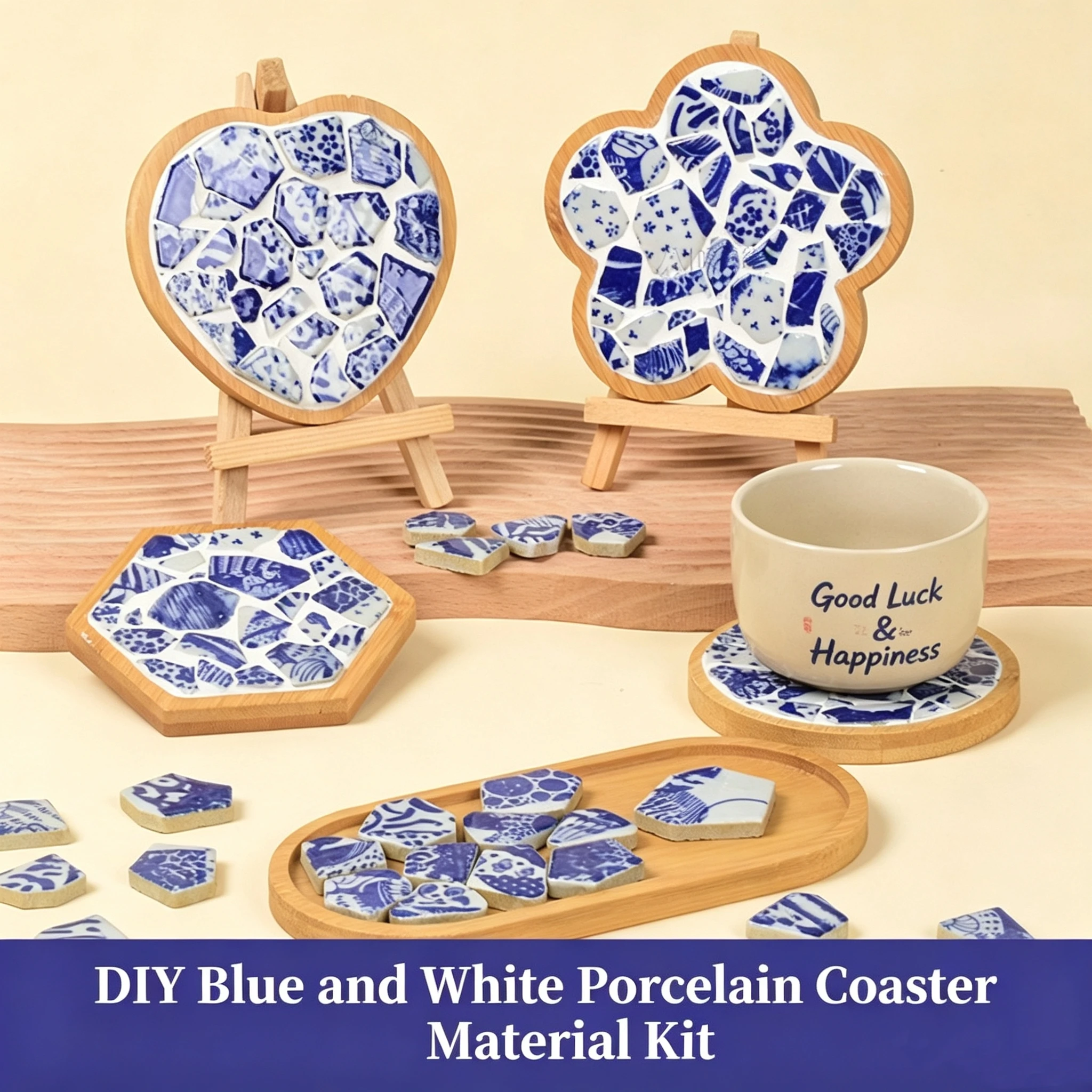 DIY Blue White Porcelain Coaster Material Kit Bamboo Base Handmade Cup Mat Set Parent-child Interactive Craft Kit for Home Decor