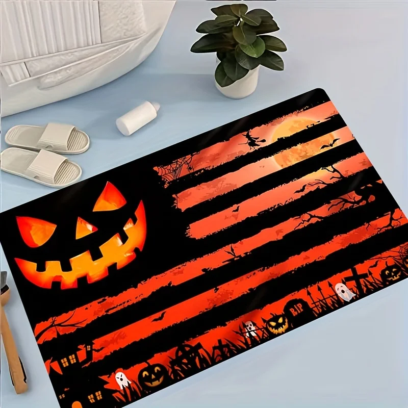 Spooky Halloween Area Rug with Pumpkin and Tombstones Flannel Doormat Non-slip Absorbent Floor Mat for Indoor Outdoor Home Decor