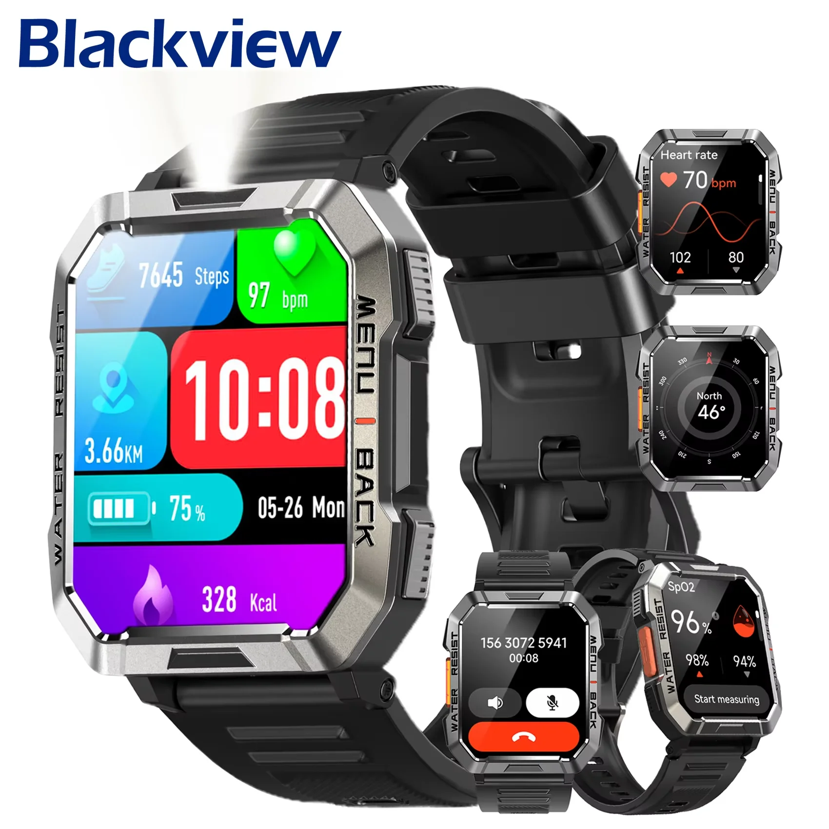 Blackview W60 Waterproof Smartwatch with Emergency Lighting 2.01'' Screen 900mAh Large Battery BT Outdoor Sport Watches for Man