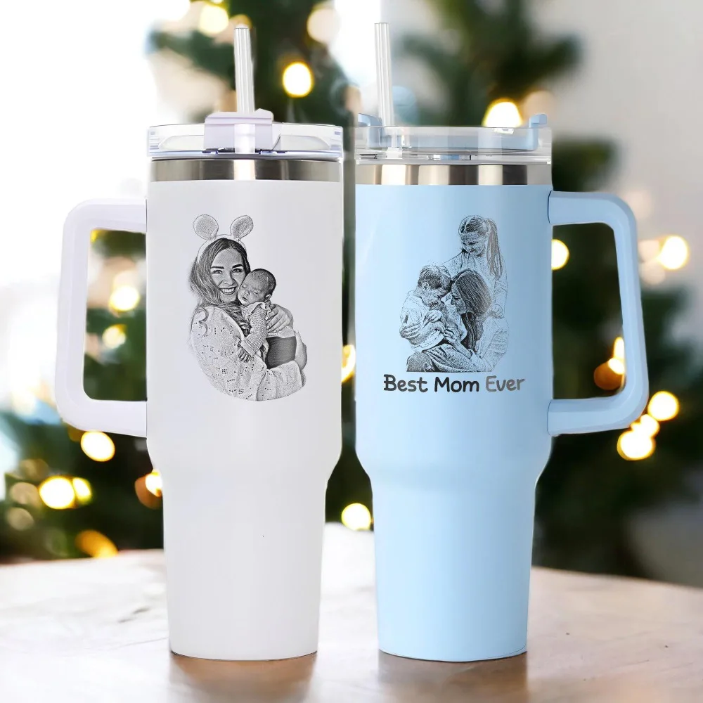 Custom Photo Tumbler with Handle & Straw Personalized Family Picture Stainless Steel 40oz Insulated Cup Best Mom Ever Gift.