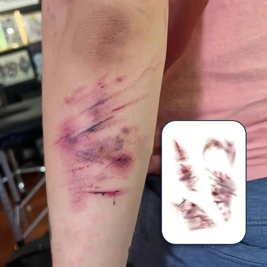 

Realistic Temporary Tattoo with waterproof Fake Blood Wound & stitches. Perfect Scary Makeup for Halloween & unisex theme parties.