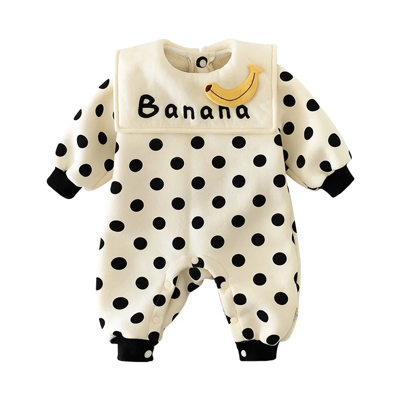 Winter Plush Baby Jumpsuit Boys Girls Cartoon Banana Dots Romper Fleece Newborn Onesie Infant Loose Clothes One-Pieces Clothing