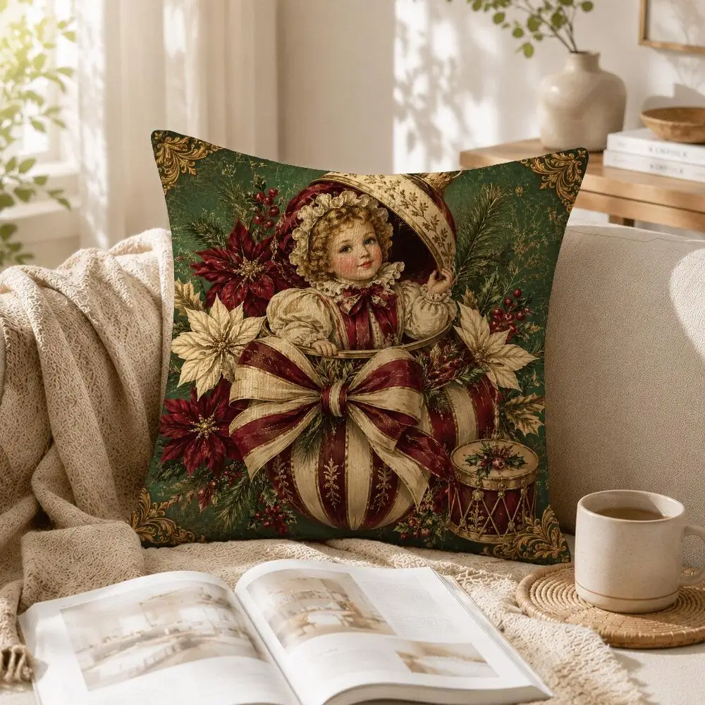 Victorian Christmas Elegance Cushion Cover Linen Pillow Cover 40x40cm Decorative Cushion Case Boho Home Sofa Decor Gift