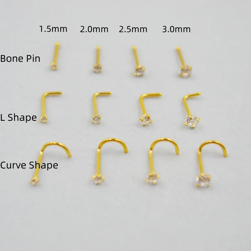 Wholesale 50pcs/Lot 20G PVD Gold Color Zircon Nose Stud  Surgical Steel Nostril Bone Pin L Screw Shape Ring Body Piercing