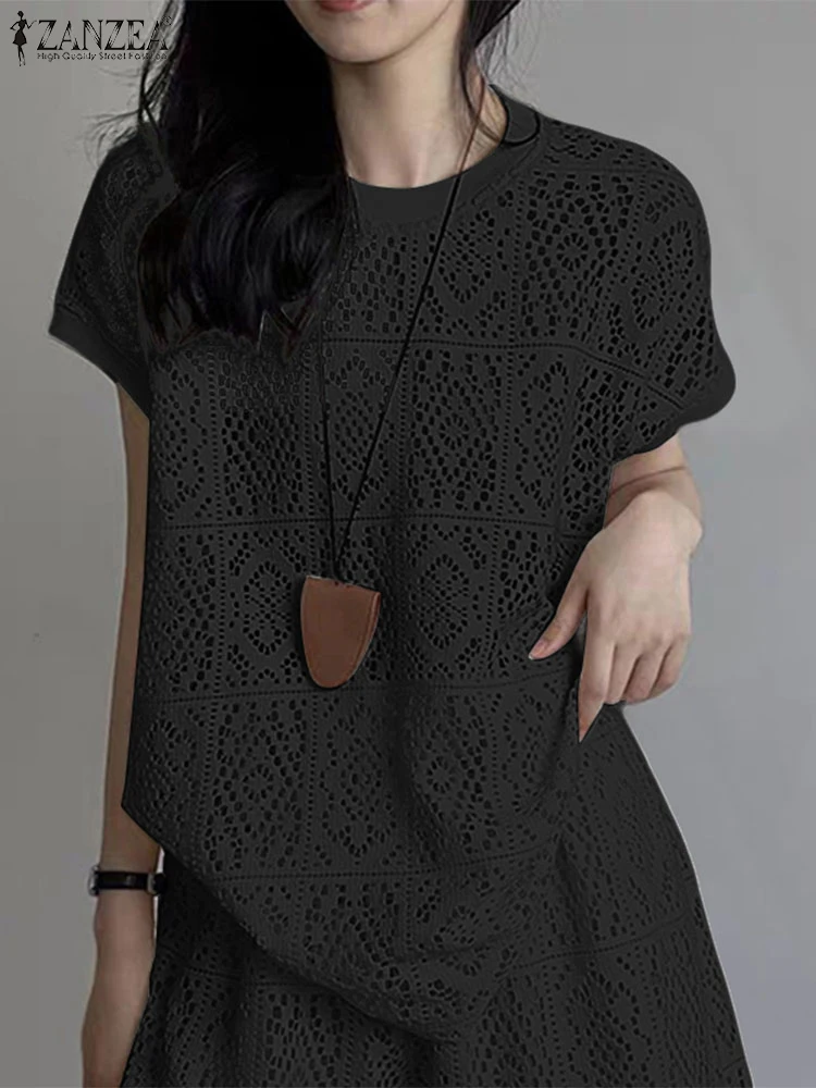 2025 Blusa de encaje de verano para mujer, Tops lisos con agujeros, ZANZEA, jerséis transparentes para la playa, Blusas informales de manga corta