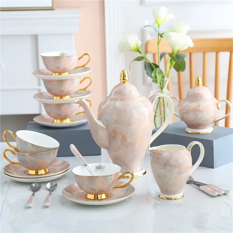 Luxury and elegant style marble pattern Phnom Penh ceramic tea set (teapot + teacup + sugar jar) Multi-color: light