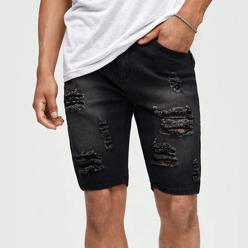 Black Distressed Denim Jeans Shorts Holes For Men Stretchy Slim Fit Casual Five Quarter Denim Shorts Pants