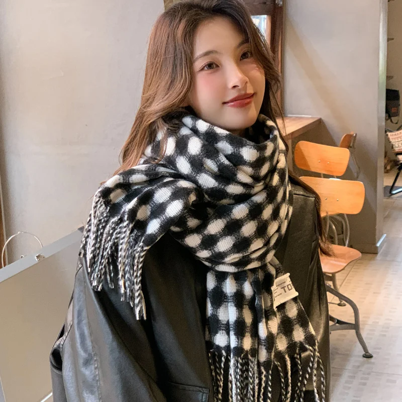 

Корейский стиль, искусственный кашемир, клетчатый шарф в стиле ретро, новый зимний универсальный милый теплый платок, теплая шаль для шеи