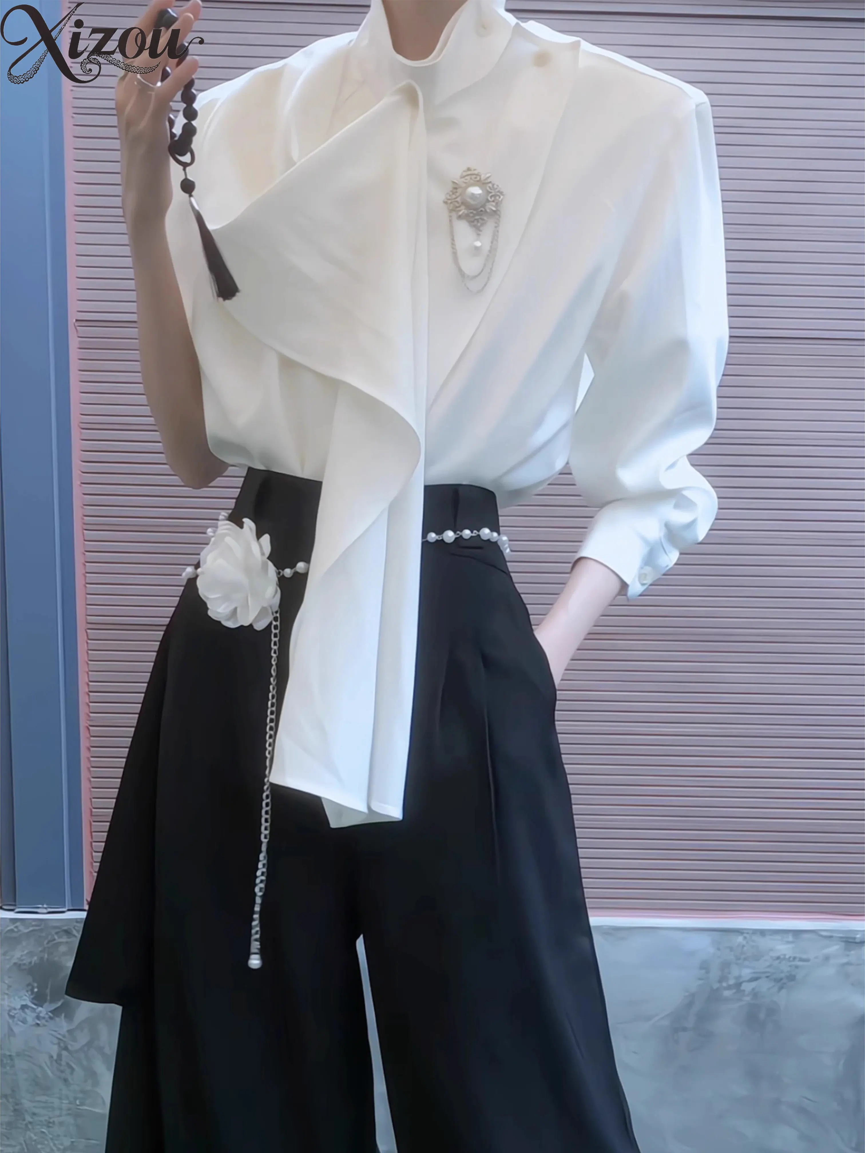 

Men's Shirt Ribbon Scarf Collar Long Sleeve Elegant Stand Collar Sash Y2K Gothic Vintage Irregular Stitching Unisex Cosplay Tops