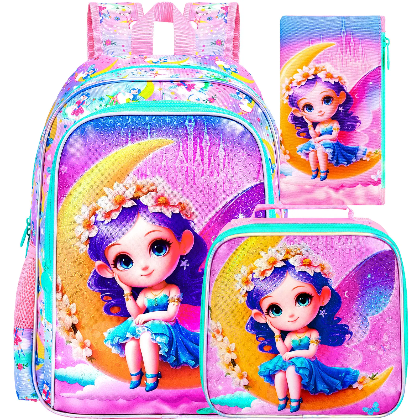 Kid's backpack 3PCS 16Inch UV Print Moon Fairy Purple Set, Large Capacity, one backpack, one handbag, one pen pouch