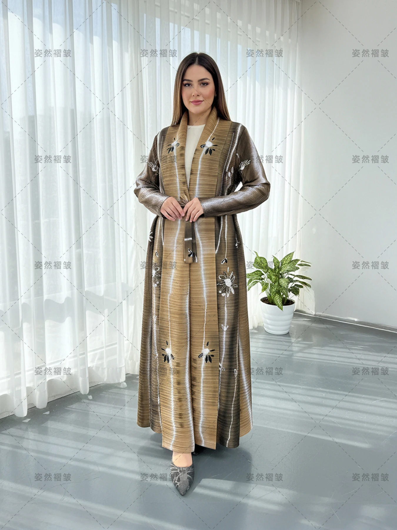 

Роскошный длинный плащ для женщин, элегантные платья, торжественный халат Miyake, плиссированный шифон с длинным рукавом и принтом, Абая, Дубай, модная женская одежда