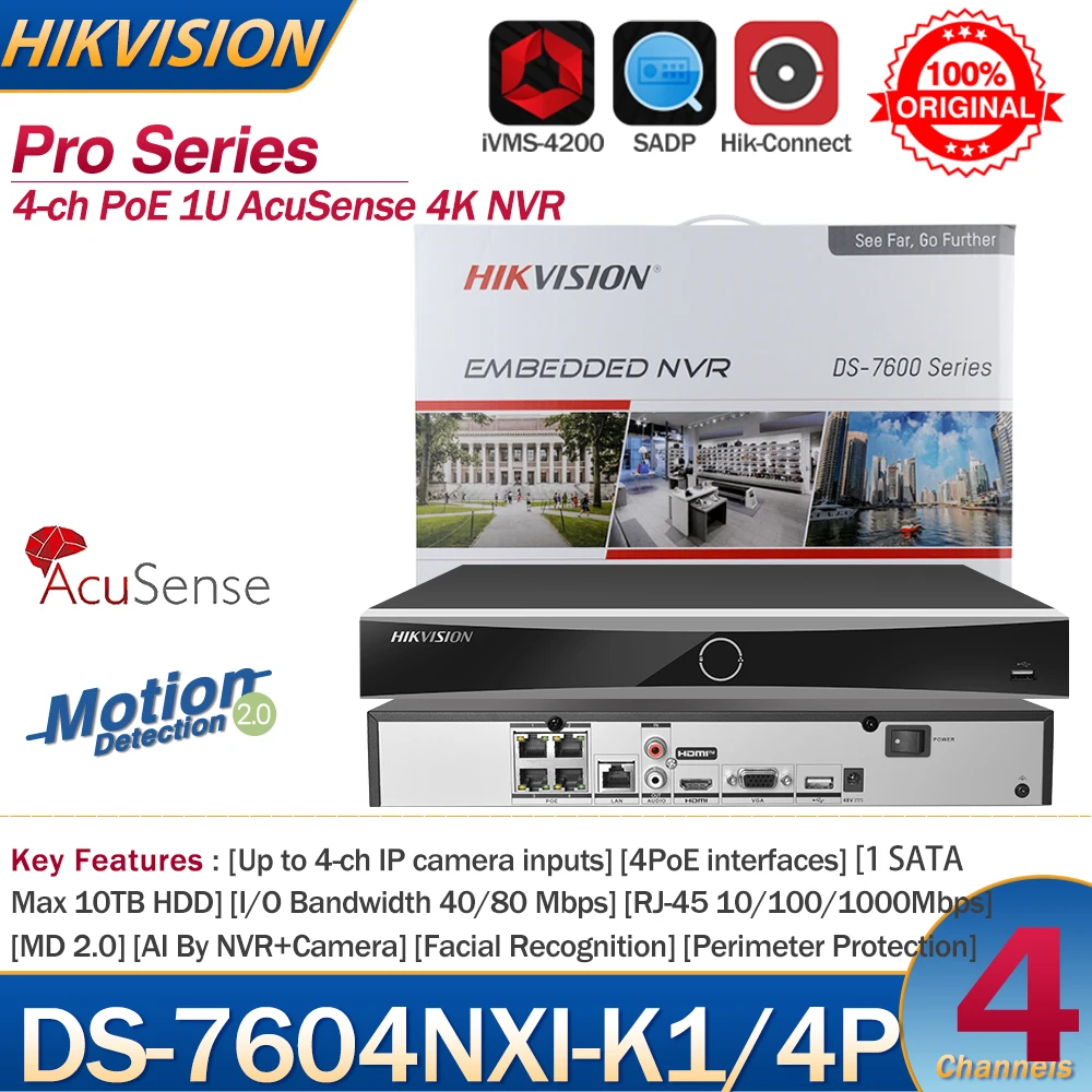 Hikvision Nvr 4-ch Poe 1u Acusense 4K Nvr DS-7604NXI-K1/4P 4-ch Camera Ingangen Netwerk Video Recorder Ondersteuning Externe Camera