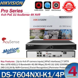 Hikvision NVR 4-ch PoE 1U AcuSense 4K NVR DS-7604NXI-K1/4P 4-ch Camera inputs Network Video Recorder Support Third-party Camera