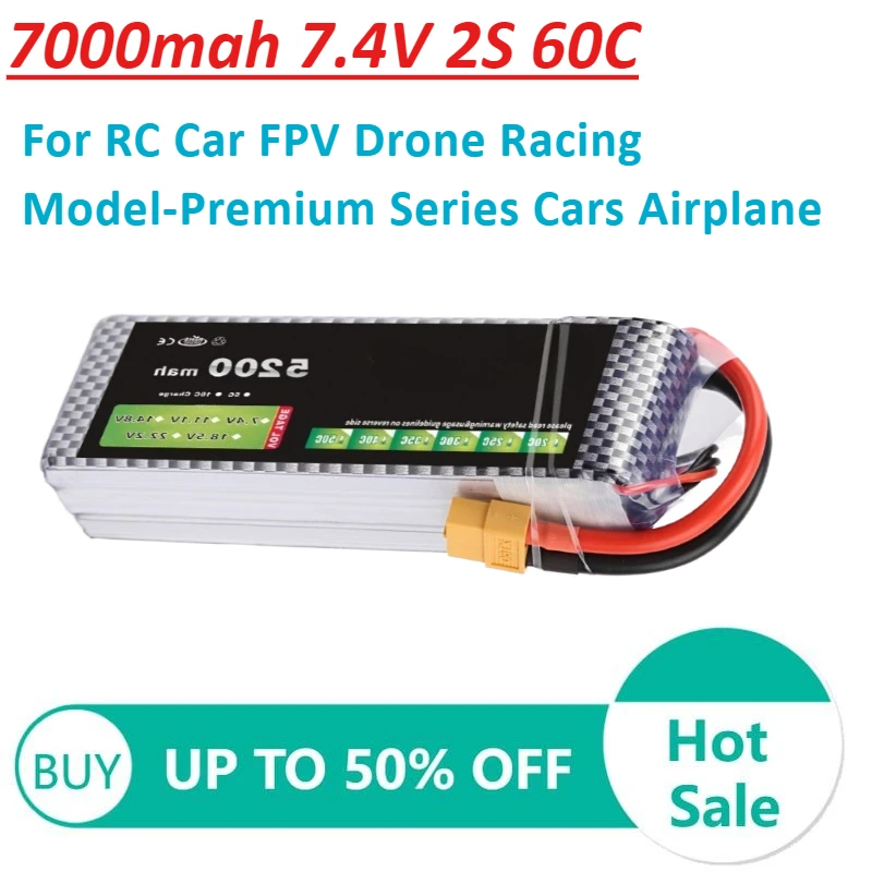 

7000mah 7.4V 2S 60C Lipo Battery High capacity for RC Car FPV Drone Racing Model-Premium Series Cars Airplane Battery
