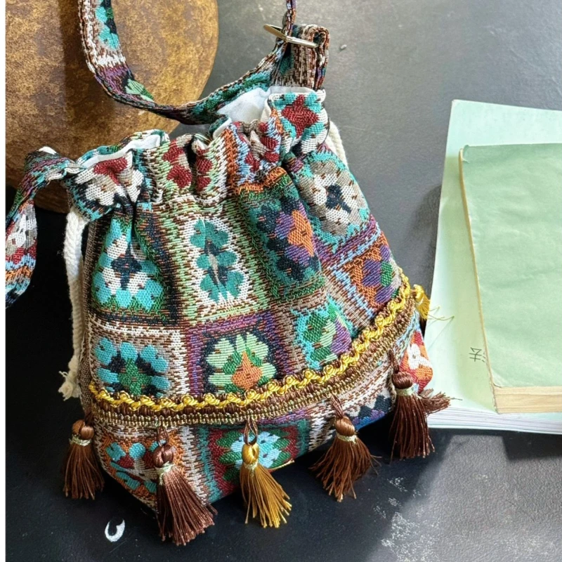 Green Blue Flower Bohemian Tassel Crossbody Bag Ethnic Vintage Woven Drawstring Shoulder Bag Colorful Geometric For Women Girls