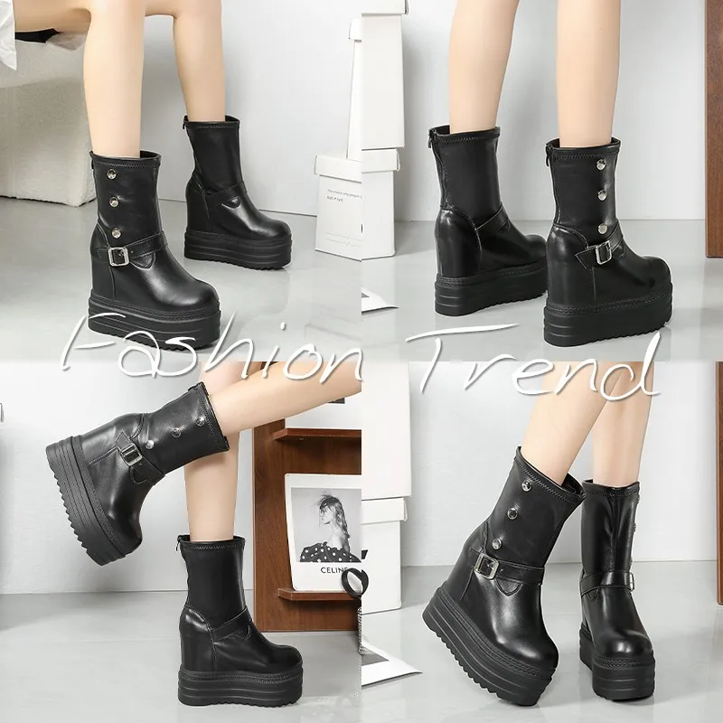 

Зимние модные массивные женские ботильоны, увеличивающие рост, женская короткая плюшевая обувь, женские короткие ботильоны на платформе с пряжкой на ремне