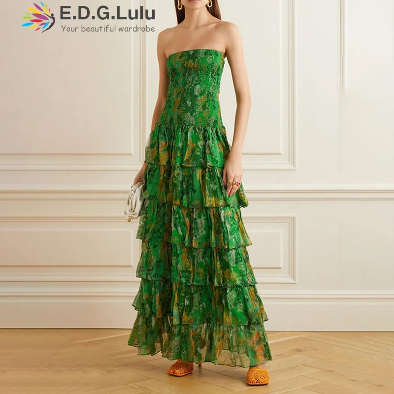 

EDGLuLu Sweet Beach Strapless Green Retro Floral Print Summer Dress 2024 Sleeveless Backless Cascading Ruffled Long Dress 0706