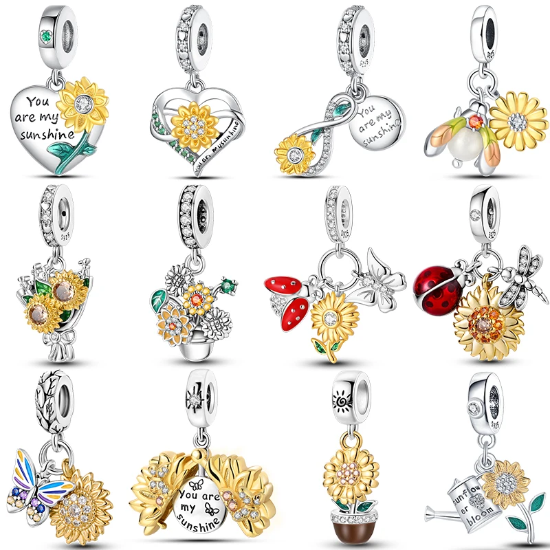 Classic 925 Silver Golden Sunflower Circular Heart Shape DIY Charms Beads Fit Pan Original Bracelets Birthday Jewelry Gift