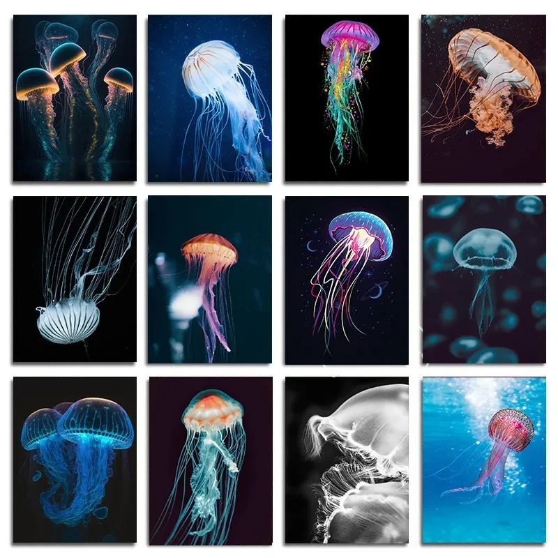 Marine Jellyfish Dive Poster Wall Art Canvas Painting Prints Animal Wall Pictures for Living Room Home Kid Room Decor