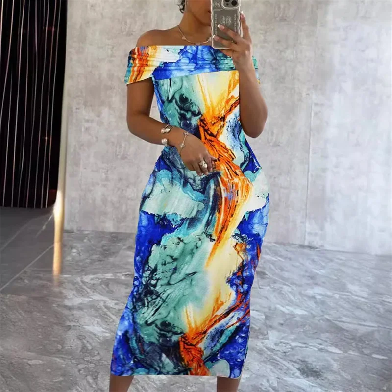 女性のミドル丈ドレス,タイダイ,プリント,肌に密着,裸の肩,スラッシュカラー,スリムフィット,イブニングドレス,バケーションドレス,装飾