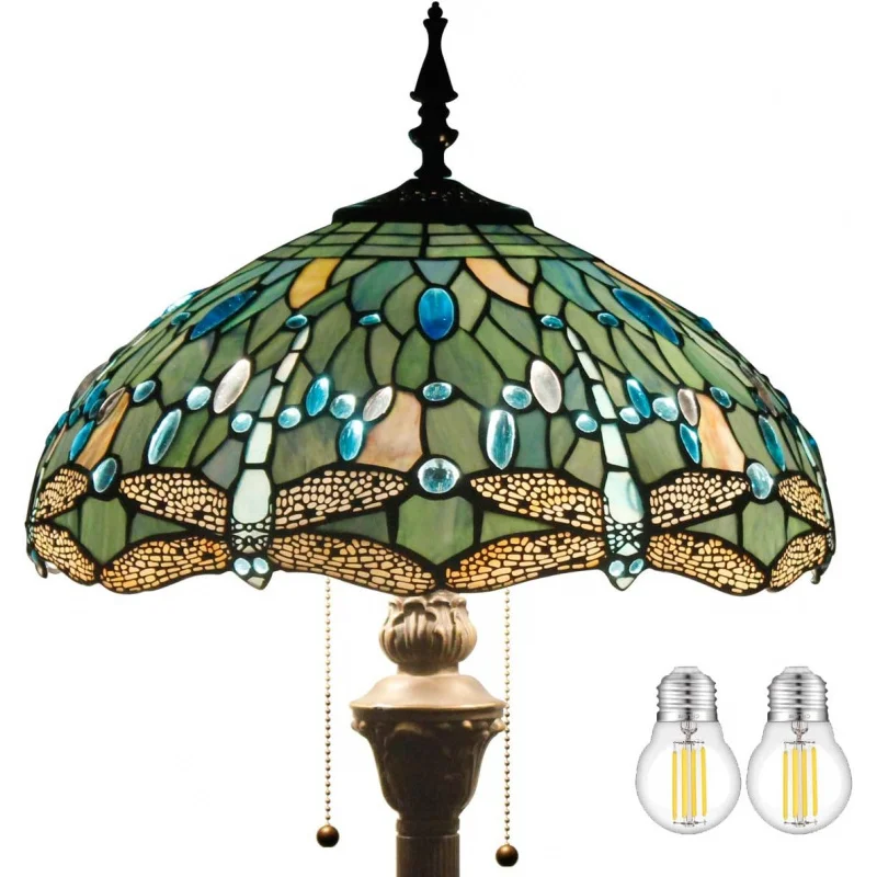 Tiffany Floor Lamp Sea Blue Stained Glass Dragonfly Standing Reading Light 16X16X64 Inches Antique Pole Corner Lamp Decor Bedroo