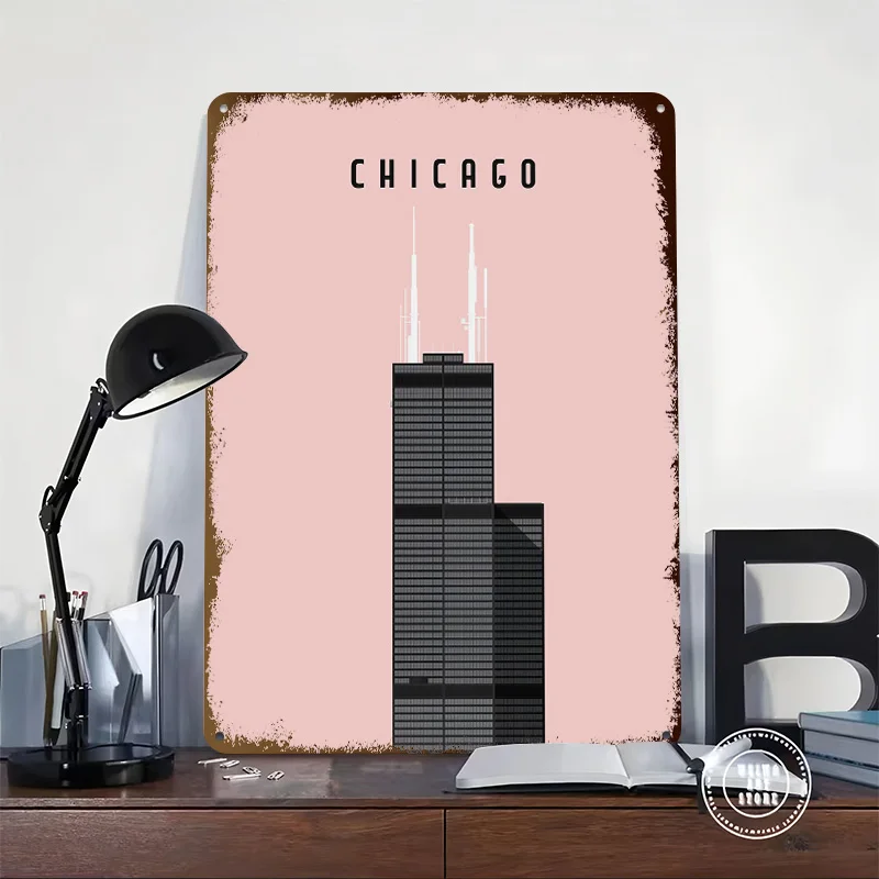 Chicago Travel Tinplate Poster Custom Wall Art Vintage Metal Signs Retro Tin Plaque for Living Room Decorations Desk Decor House