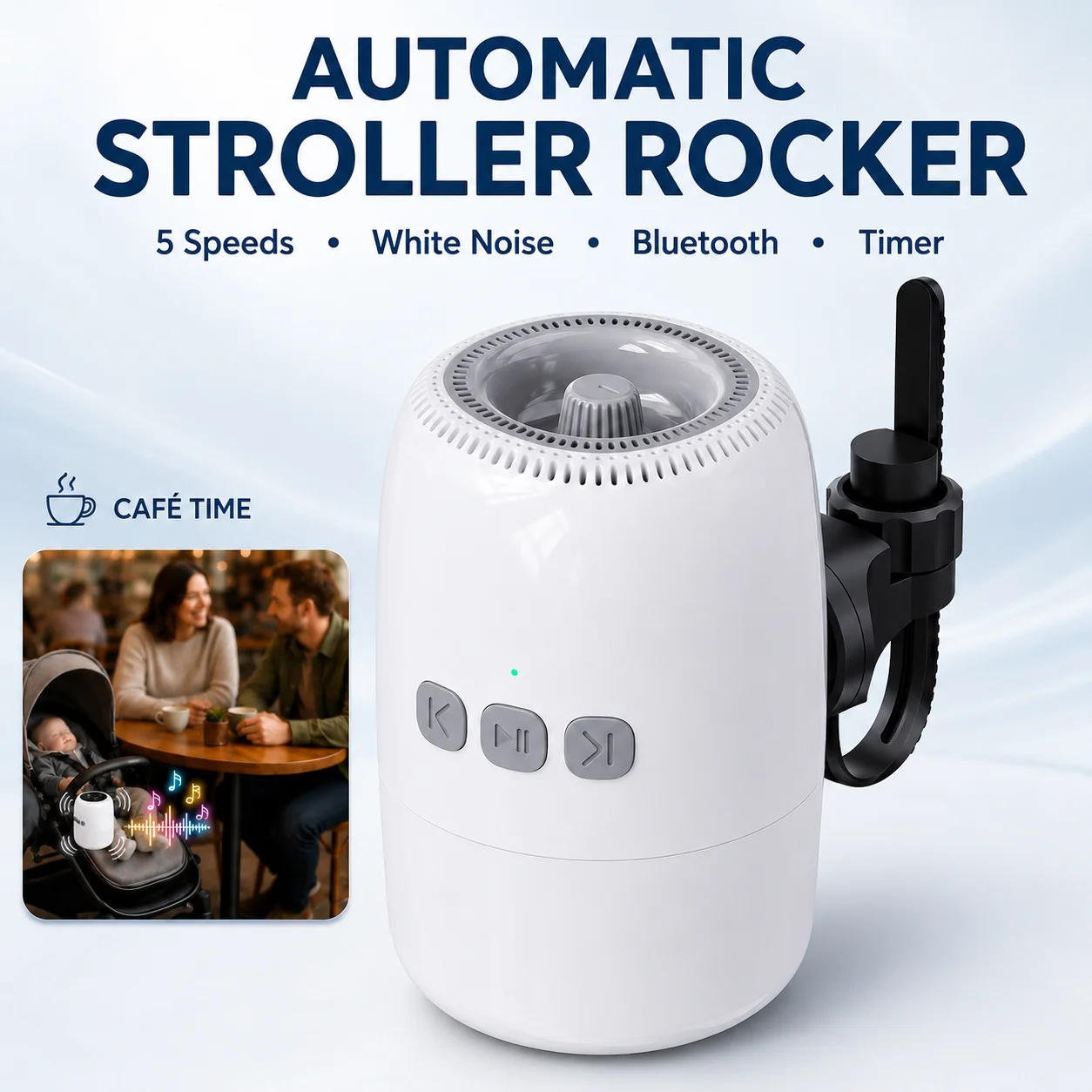 Hands Free Portable Pram Rocker with White Noise Bluetooth Audio Adjustable Speed and 45 Minute Timer for Stroller Bassinet