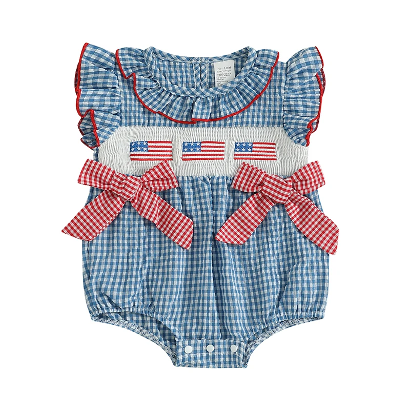 

Baby Girl 4th of July Romper American Flag Embroidery Plaid Ruffled Trim Flying Sleeve Newborn Jumpsuit
