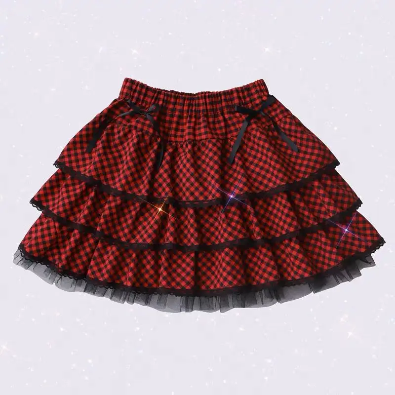 Ruibbit Japanese Red Black White Harajuku 3-layer Cake A-LINE Skirt Soft Girl Punk Ball Gown Lace Plaid Short Mini Skirt