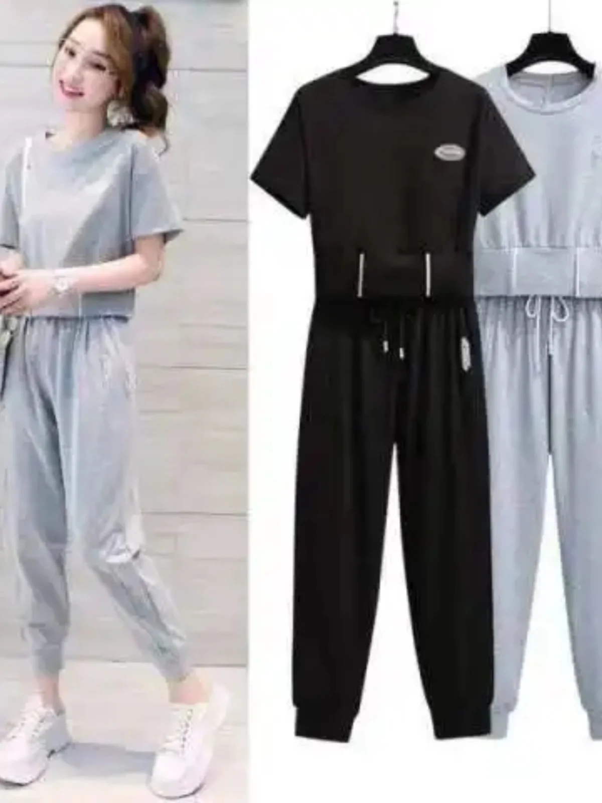 

Летний повседневный спортивный костюм 2026: свободный топ с коротким рукавом и широкие брюки, комплект из двух предметов, полиэстер, круглый вырез