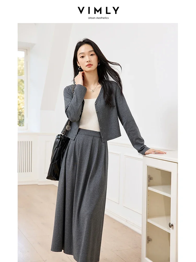 VIMLY Women's Autumn 2 Piece Outfits Commuter Skirt Set Fashion V-Neck Cardigan Shirt Jacket Simple Socialite A-line Skirt M8561