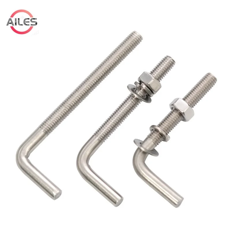 

304 Stainless Steel L Shape Anchor Bolts with Nuts Washers Set M4 M5 M6 M8 M10 M12 Right Angle Anchor Screws Set Square Bolt Set