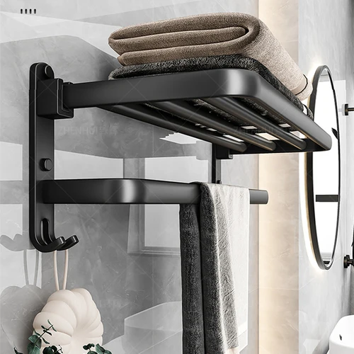 Imagen 2 del producto Soporte plegable negro mate de 50CM con gancho, soporte para toallas, montaje en pared, toallero de aluminio, estante de ducha para baño, accesorios de baño