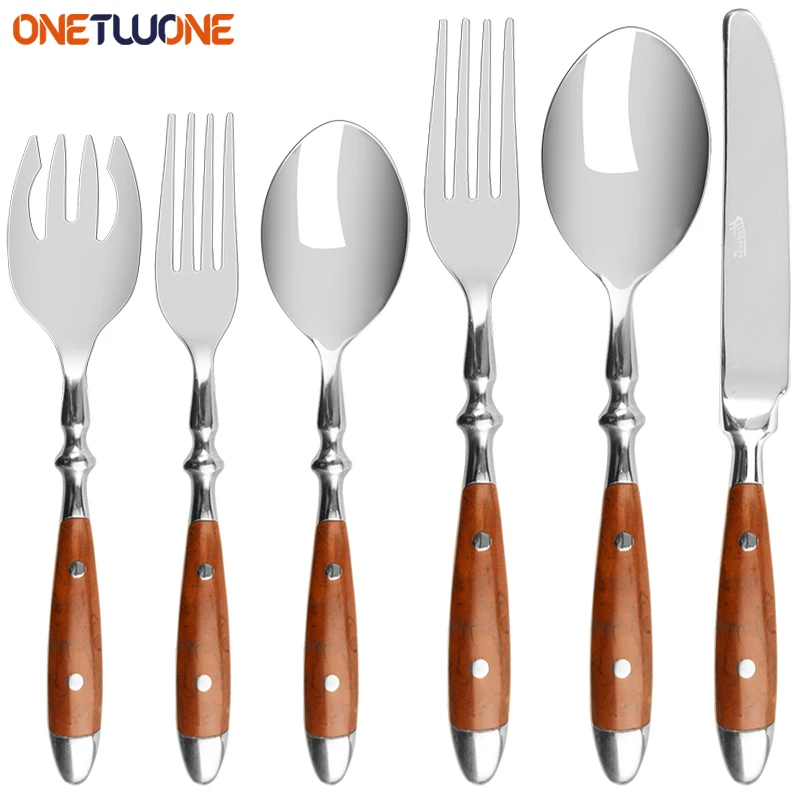 Tableware With Wooden Handle,With Steak Knives Retro Cutlery  Stainless Steel Flatware Cutlery,Set Includes Forks Spoons Knives