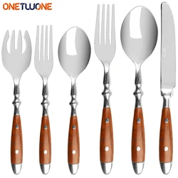 Tableware With Wooden Handle,With Steak Knives Retro Cutlery  Stainless Steel Flatware Cutlery,Set Includes Forks Spoons Knives