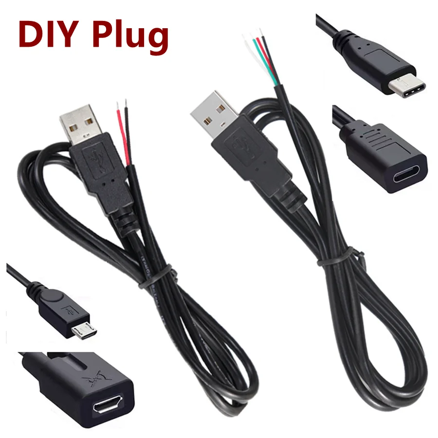 USB Type C Male Female Plug Power Supply Charger Connector 2 Pin 4 Pin USB-C DIY Repair Micro USB Cable Welding Type Wire 1M 2M