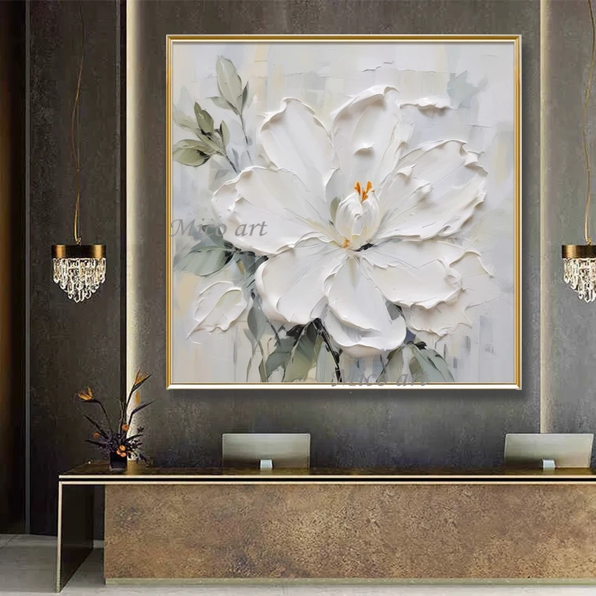 

100% ручная роспись 3d абстрактный белый цветок нож картина маслом без рамы холст картина настенное искусство для украшения дома произведения искусства