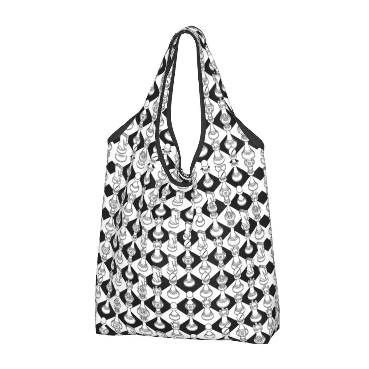 Custom Isometric Chess White Shopping Bag Women Portable Big Capacity Grocery Checkmate Game Tote Shopper Bags