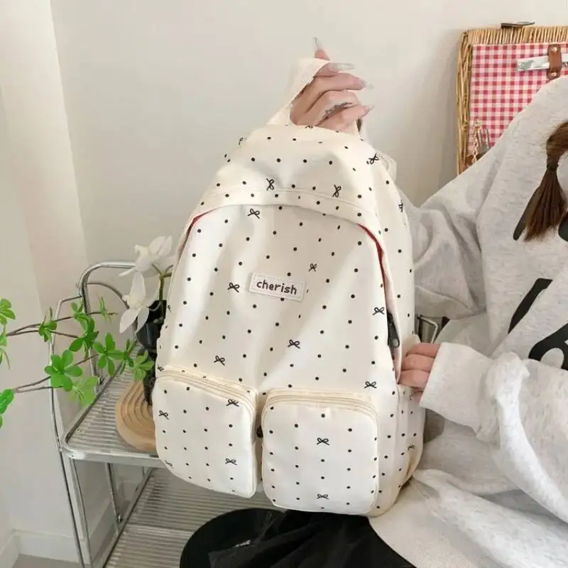 Japanese Kawaii Bow Sweet Dot Preppy Backpack Fashion Y2k Pockets Backpacks All Match Students Simple Schoolbags High-Capacity