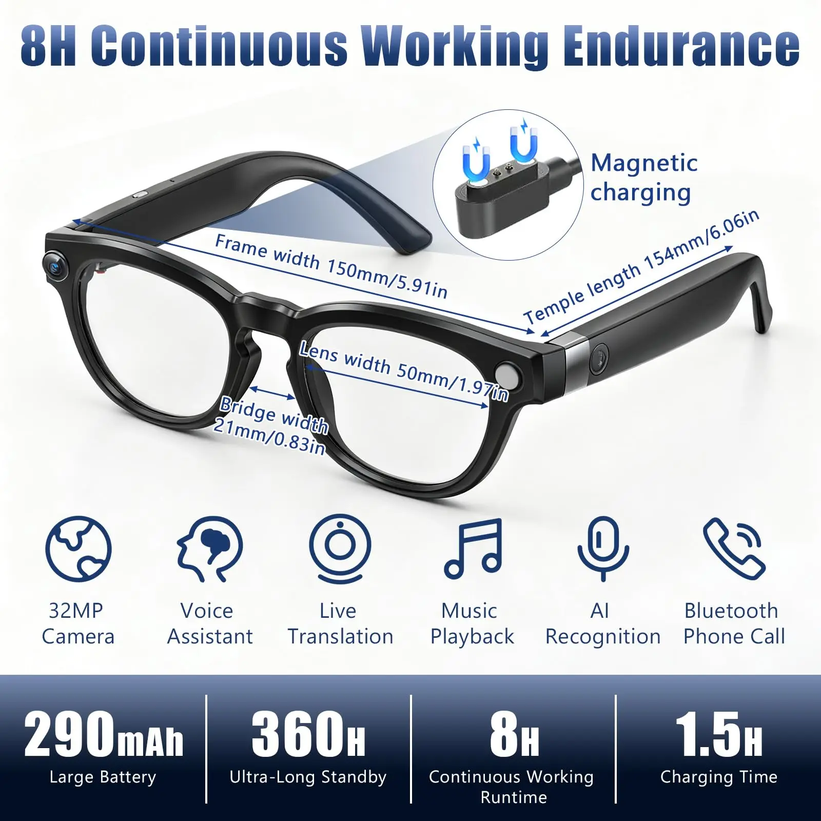 

AI Smart Glasses with Camera, 1080P HD Video Recording Glasses, AI Real-Time Translation, Bluetooth Audio – Glasses with Camera