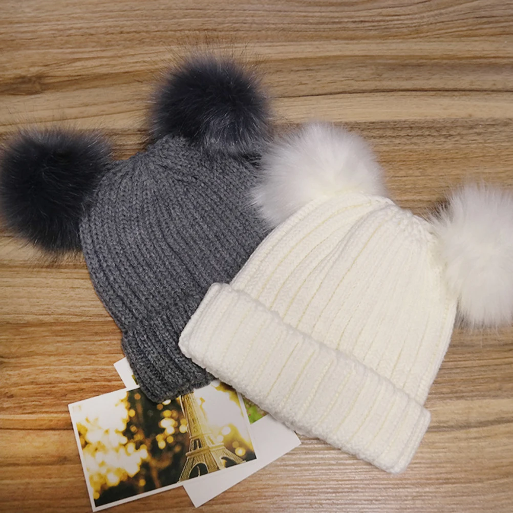 

White Beanie For Hat Winter Warm Faux Pom Pom Stretchy Size Women Women Knitting Beanie Knitted Hat Fit Most