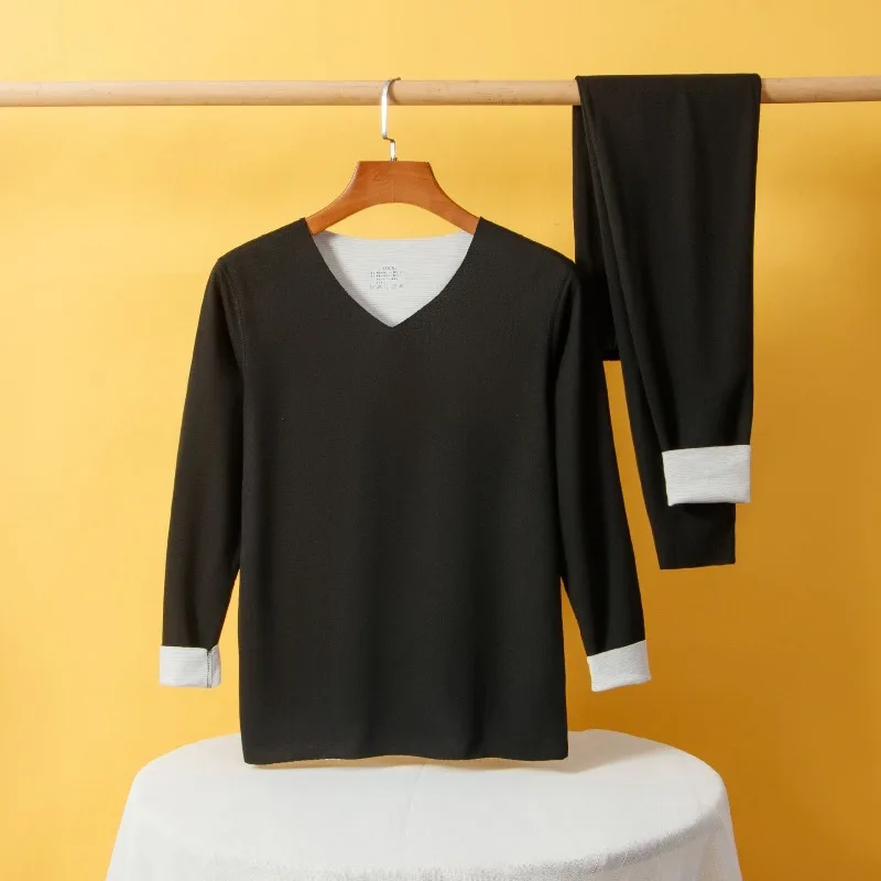 New Men's Cashmere And Silk Thermal Underwear Set: Seamless, Double-Sided Brushed Fleece Long-Sleeve Top And Long Underpants
