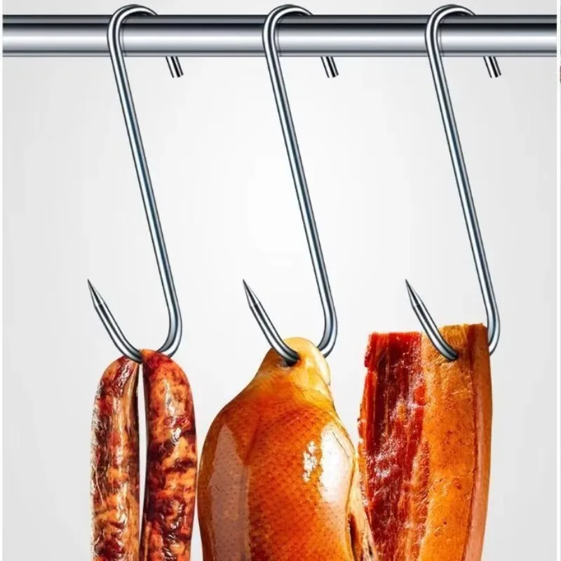 30/10PCS Kitchen Meat Hanging S Hooks Stainless Steel Sharp Tip Hooks Butcher Shop BBQ Pork Sausage Bacon Hams Sausage S Hangers