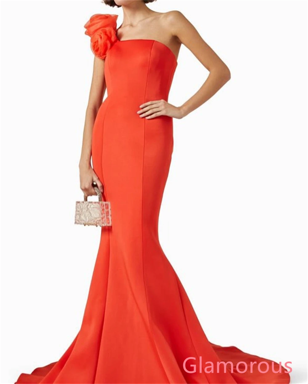 Aangepaste moderne oranje jersey avondjurk één schouder mouwloos op maat gemaakte gelegenheidsjurken bloemen hoge kwaliteit rits terug