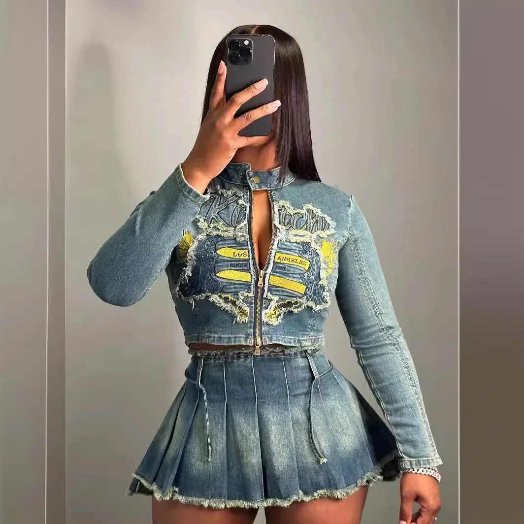 

Denim Skirt Sets for Women Autumn 2024 Two Piece Set Embroidery Jacket Letter Printing Coat Pleated Skirts Outfits Streetwear