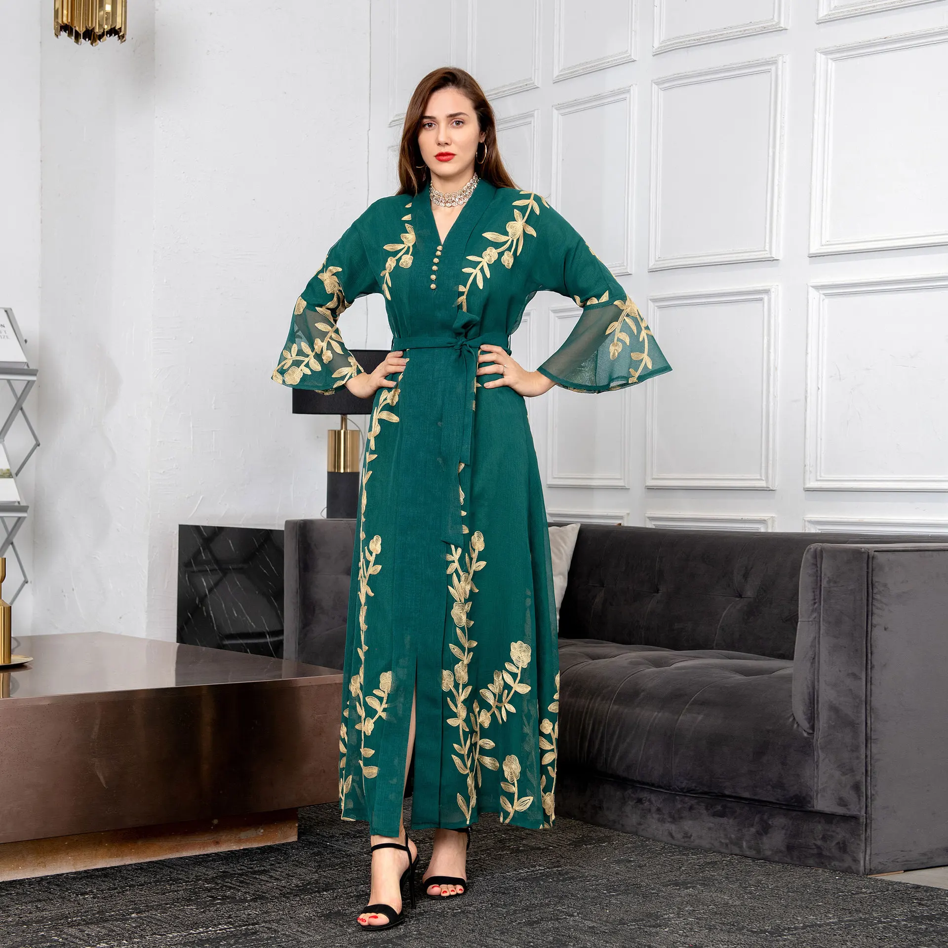 Muslim Mesh Floral Embroidered Abaya Dress for Women Elegant Middle East Arab Oman Dubai Morocco Caftan Evening Party Clothes